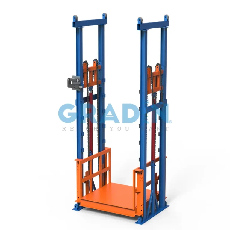 Customized Gradin SJD-L4 two-cylinder four-post hydraulic guide rail cargo lift for vertical warehouse logistics