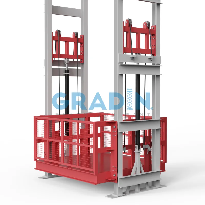 Gradin Hydraulic Guide Rail Cargo Lift with 2-cylinder 4-post structure for heavy-duty, stable vertical transport