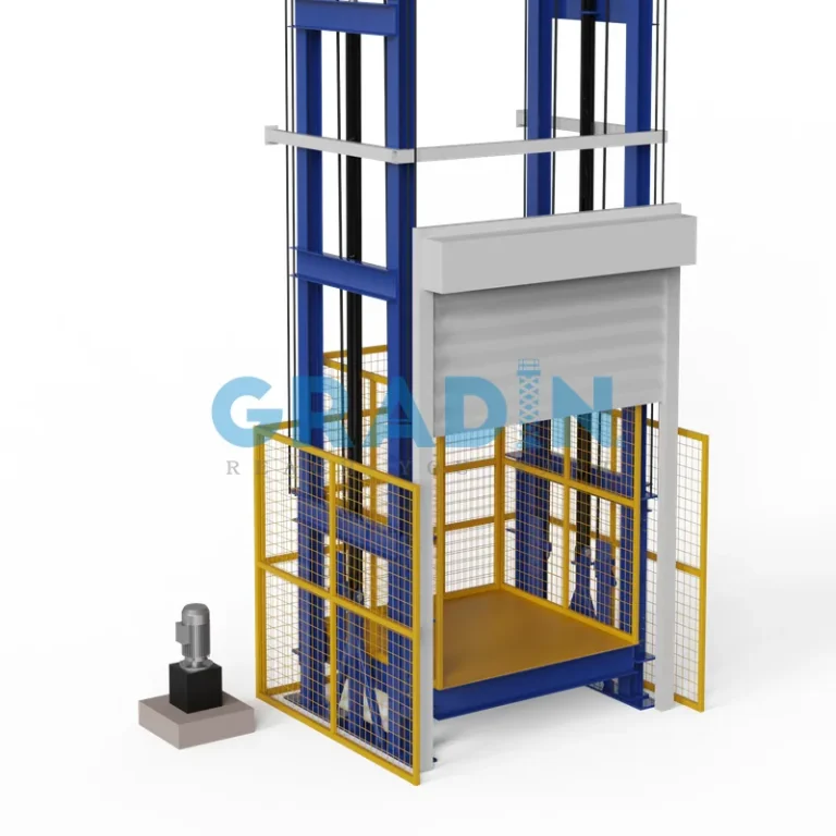Gradin SJD Enclosed Cargo Lift with enclosed cabin and rolling shutter for heavy-duty cargo safety