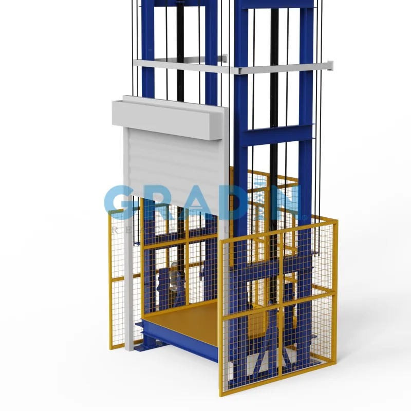 Gradin SJD Enclosed Cargo Lift with enclosed cabin and rolling shutter for heavy-duty cargo safety