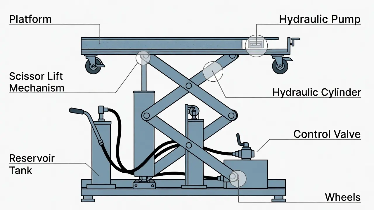 Diagram showing key components of a custom hydraulic lift platform