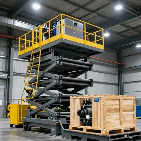 Custom heavy-duty hydraulic cargo lift transferring industrial pallets in a warehouse
