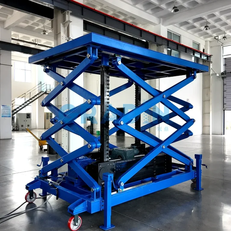 Custom multi-stage heavy-duty scissor lift platform featuring electric rigid chain actuation, blue steel frame, polyurethane casters, and manual leveling jacks