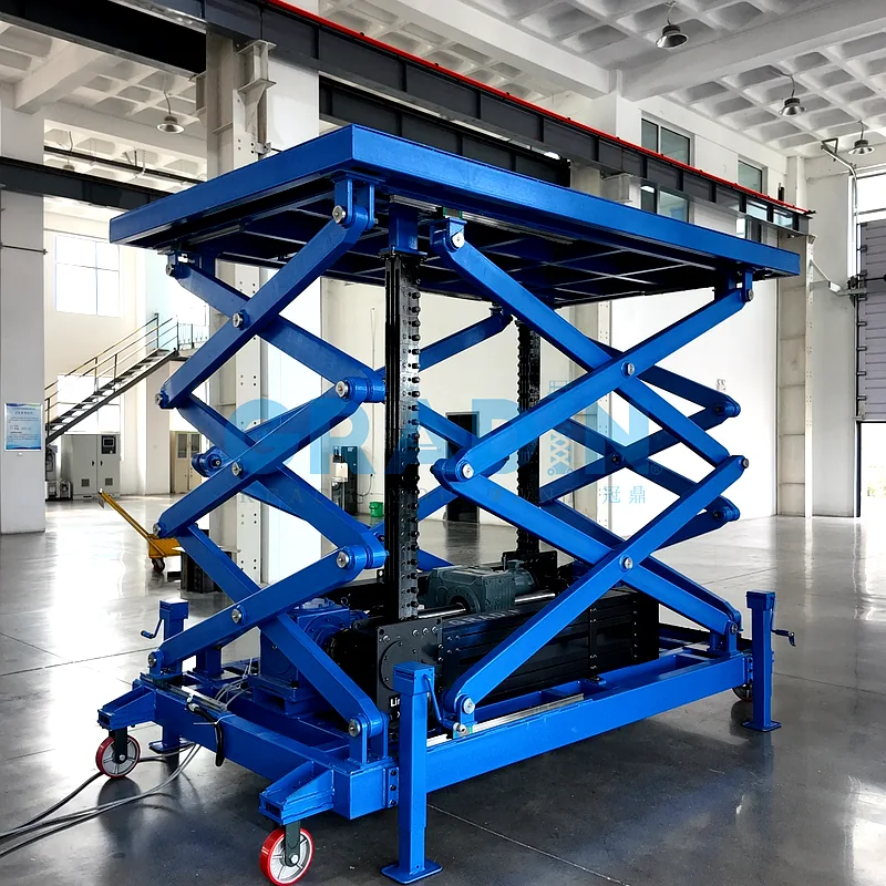 Custom multi-stage heavy-duty scissor lift platform featuring electric rigid chain actuation, blue steel frame, polyurethane casters, and manual leveling jacks