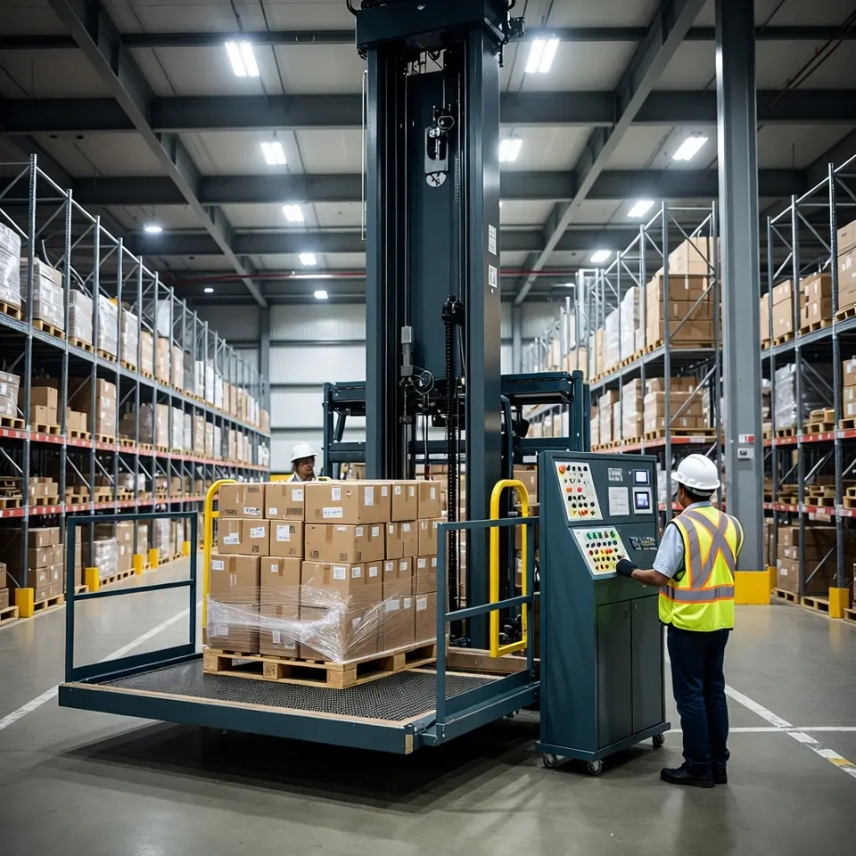 GRADIN warehouse cargo lift moving pallets between mezzanine levels in a multi-tier distribution center