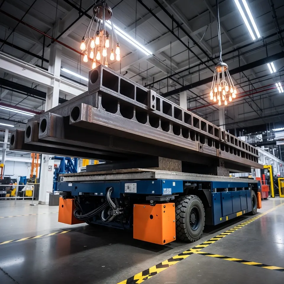 Heavy-duty AGV robot transporting steel components across a manufacturing facility floor
