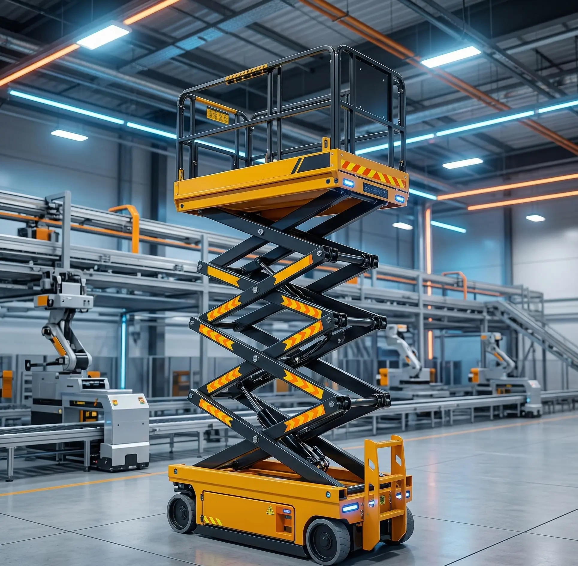 A high-tech 2026 electric scissor lift with lithium-ion battery system operating in a modern automated warehouse.