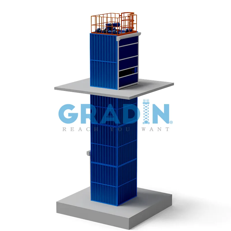 Fully enclosed industrial vertical reciprocating conveyor (VRC) for safe material handling between multiple floor levels.