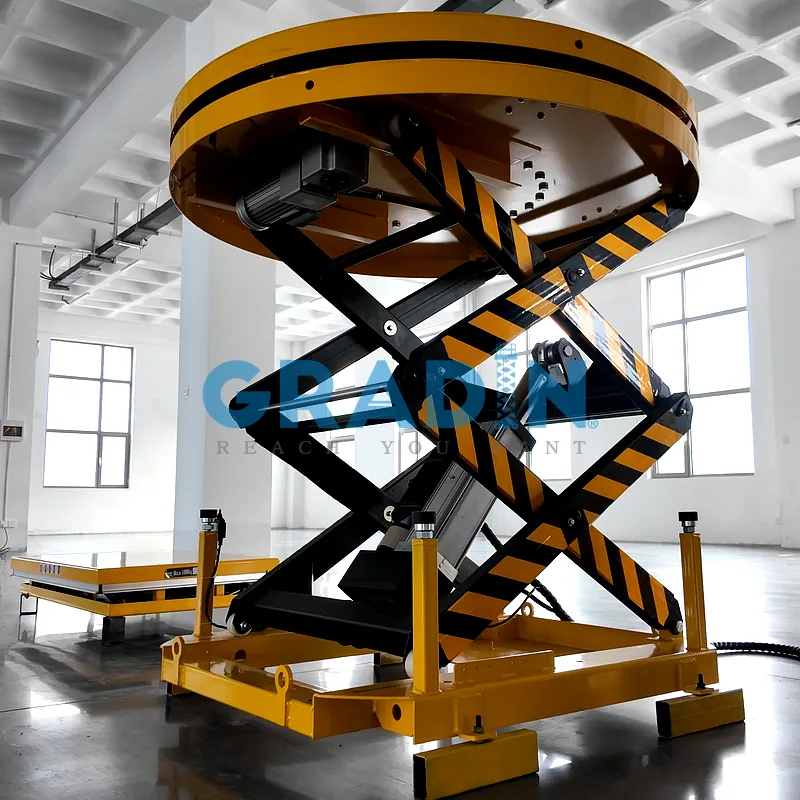 Custom-engineered scissor lift featuring an integrated 360-degree rotating turntable for industrial positioning and scenic applications.